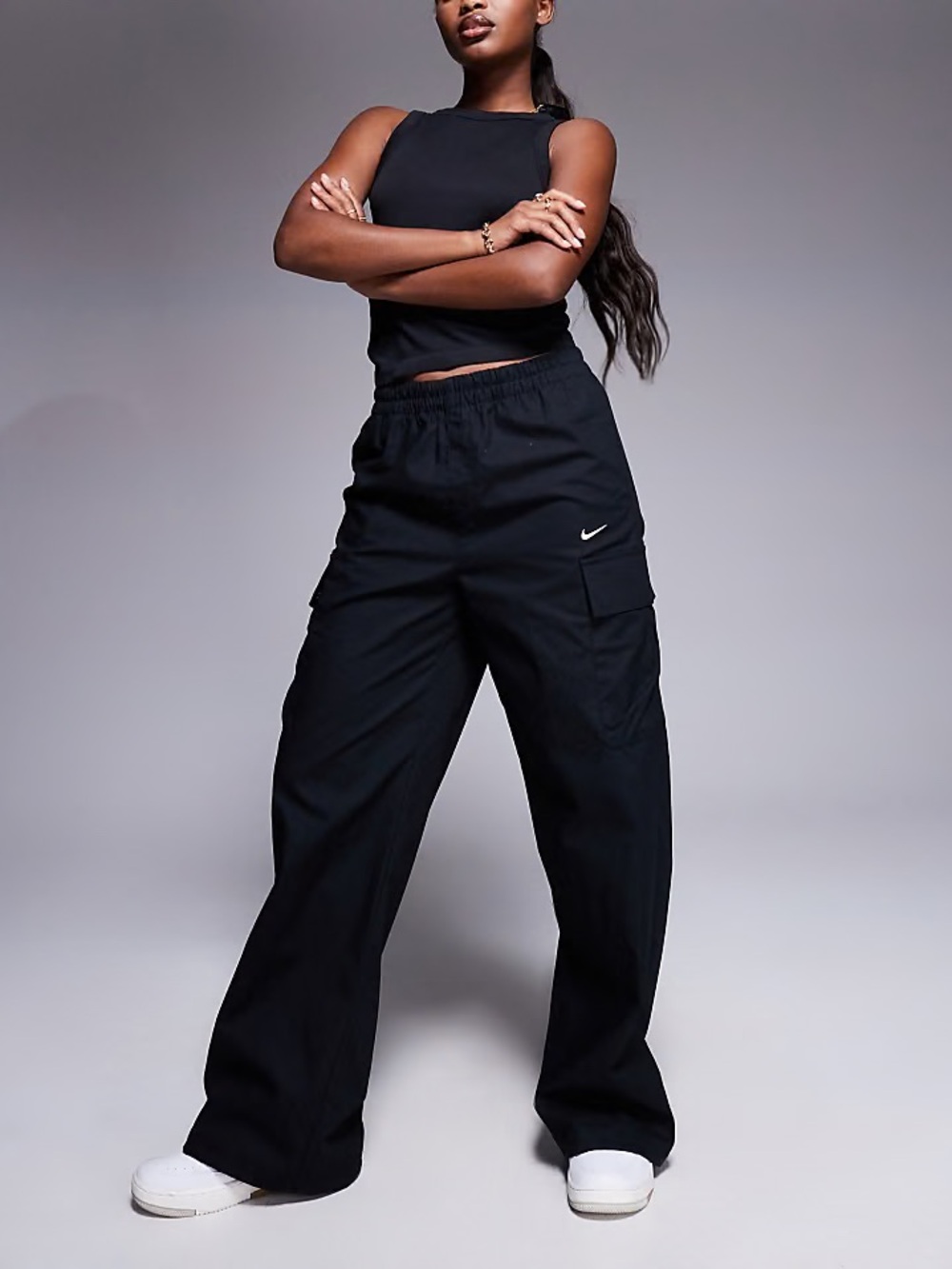 Nike Wide Leg Cargo Pants in Black with White Swoosh